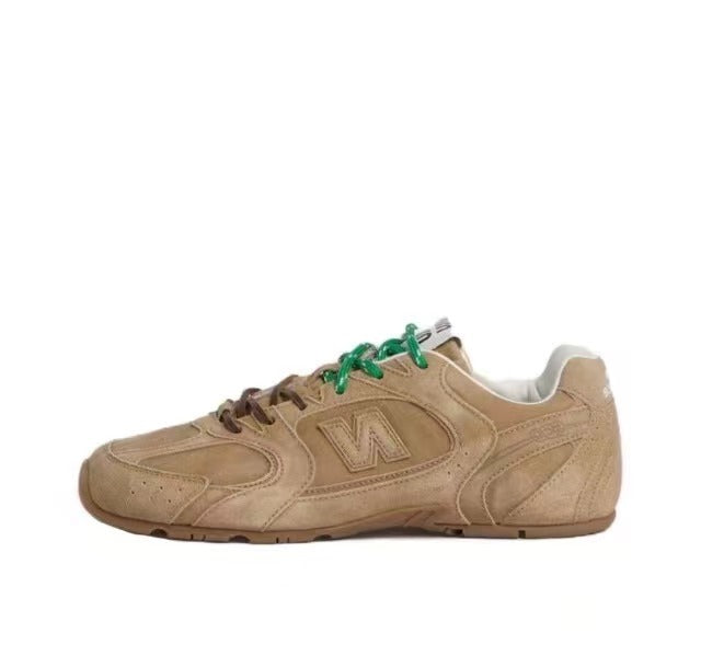 New Balance Tan Low-Top Sneakers with Green Laces