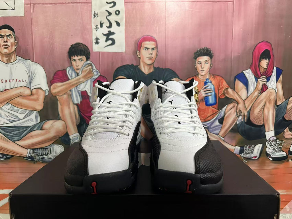 Jordan 12 Taxi White and Black Sneakers