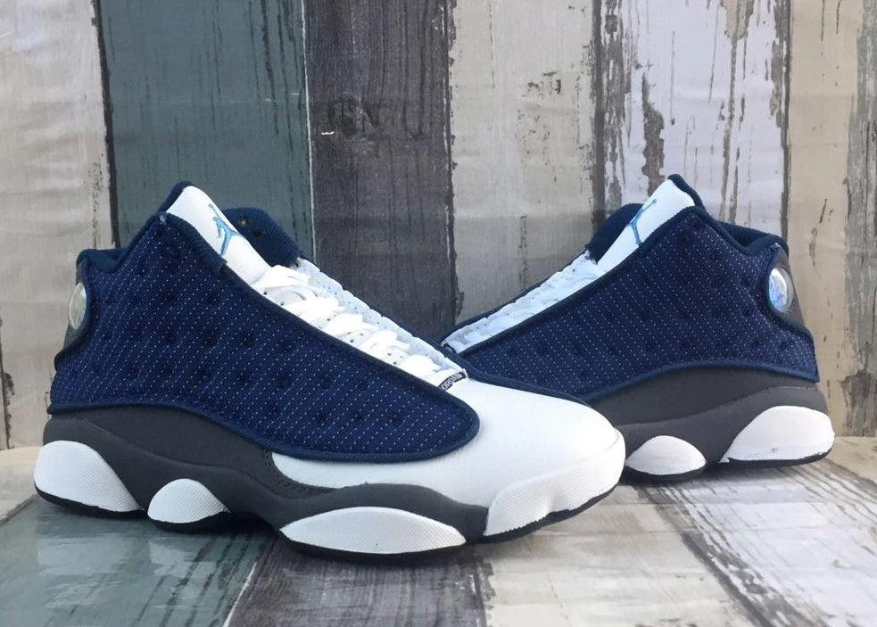 Jordan 13 White, Navy and Gray 3M Sneakers