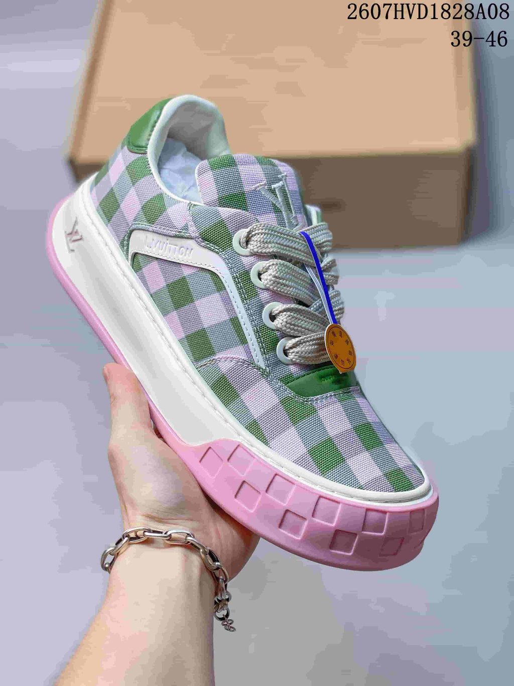 Louis Vuitton Tilted Checkerboard Sneakers Green Pink