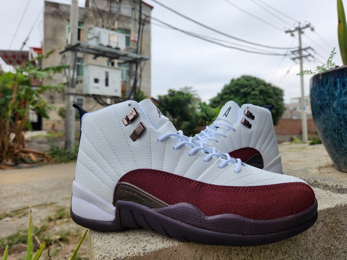 Jordan 12 White and Burgundy High-Top Sneakers
