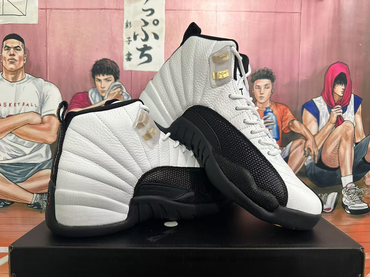 Jordan 12 Taxi White and Black Sneakers