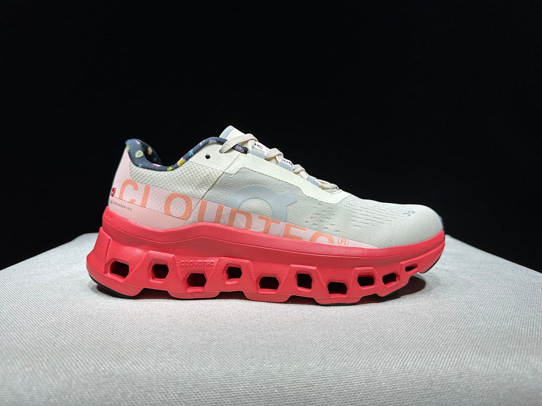 On Cloudmonster Sneakers in Light Gray and Coral