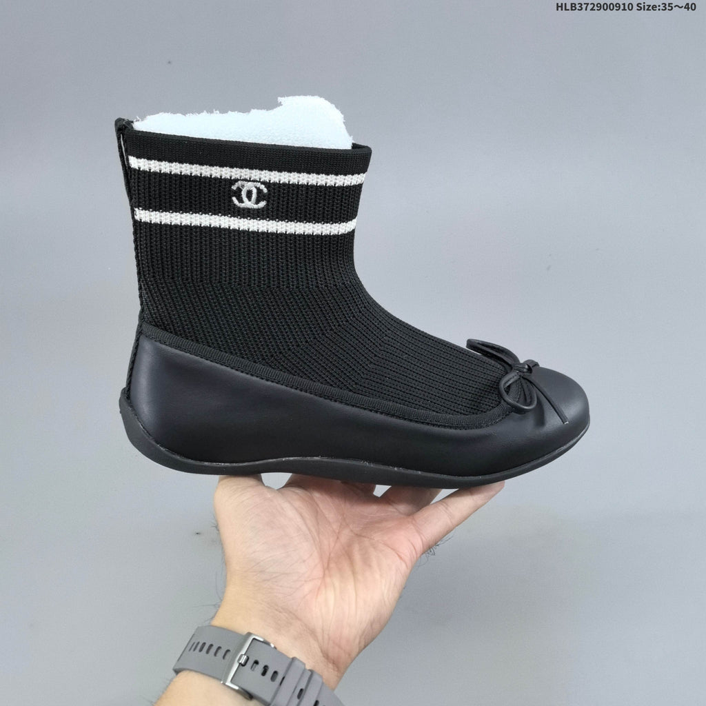 Chanel Sock Ballet Flats with Bow, Black and White