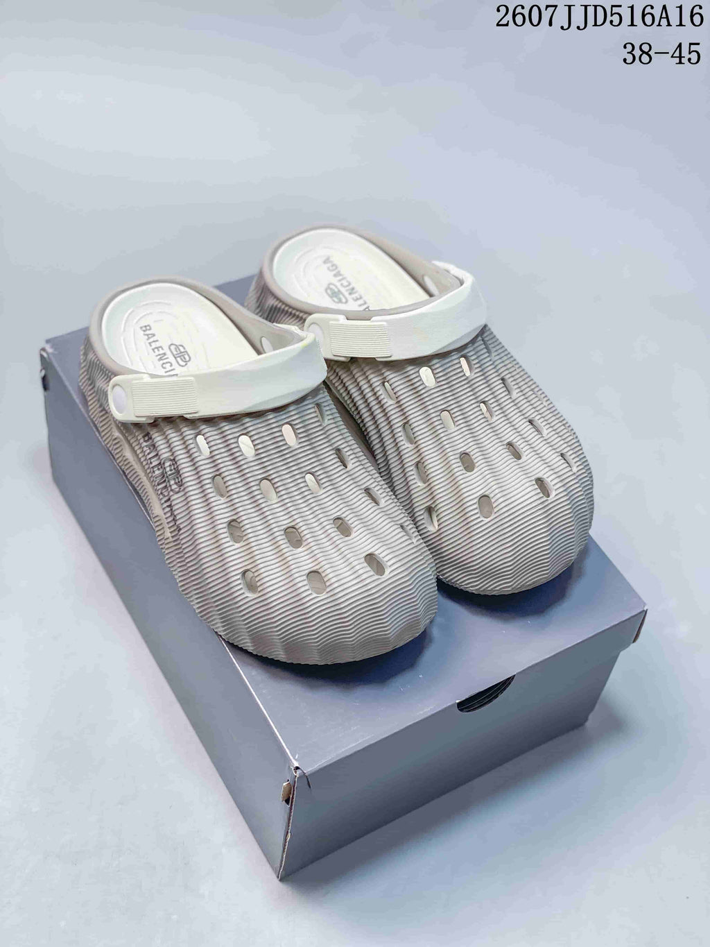 Balenciaga Logo Clog Sandals in Off-White with Brown Strap