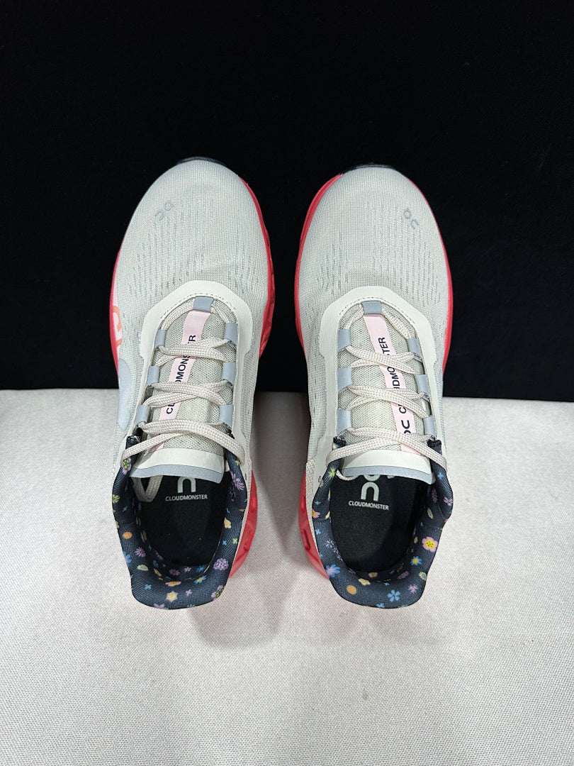 On Cloudmonster Sneakers in Light Gray and Coral