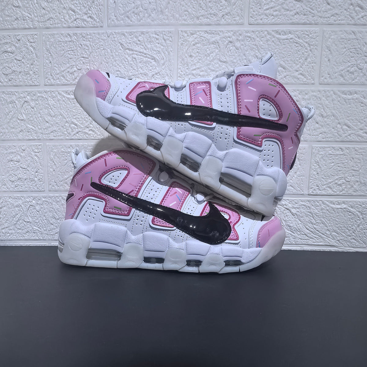 Nike Air More Uptempo Donut Sneakers in White and Pink
