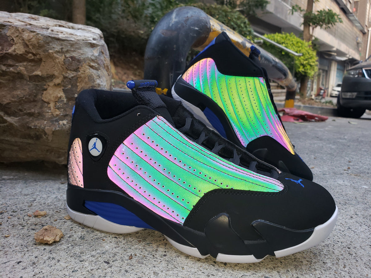 Jordan 14 Men’s High-Top Sneakers in Black, Blue and Iridescent