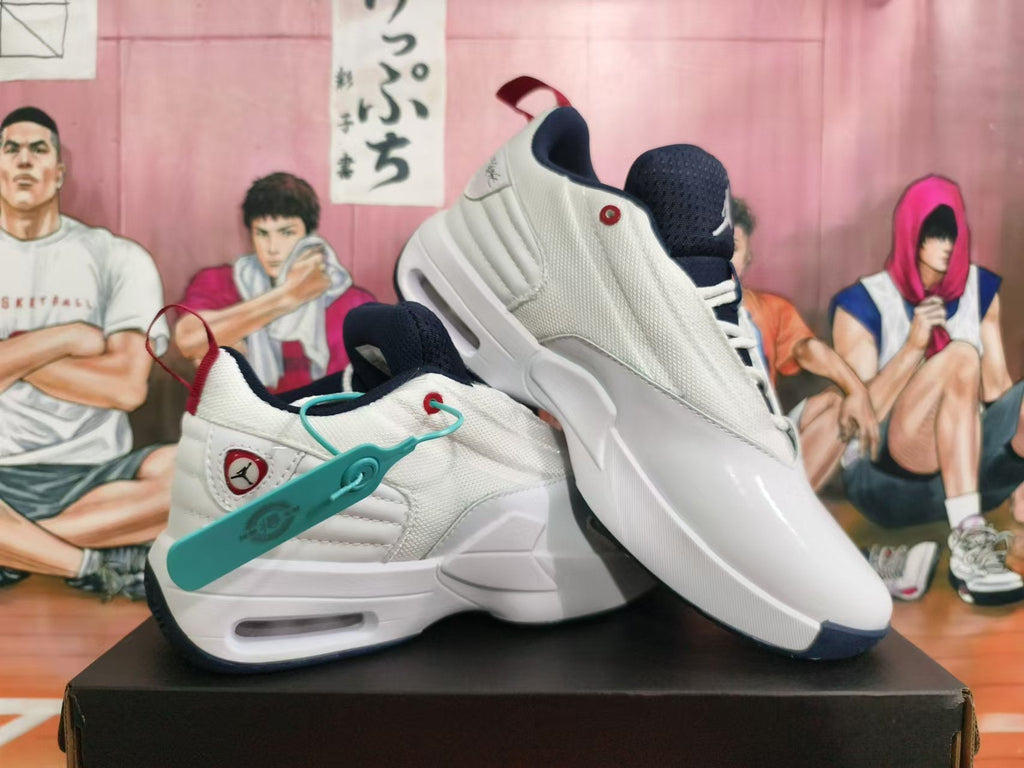 Jordan White Basketball Shoes with Navy and Red Accents