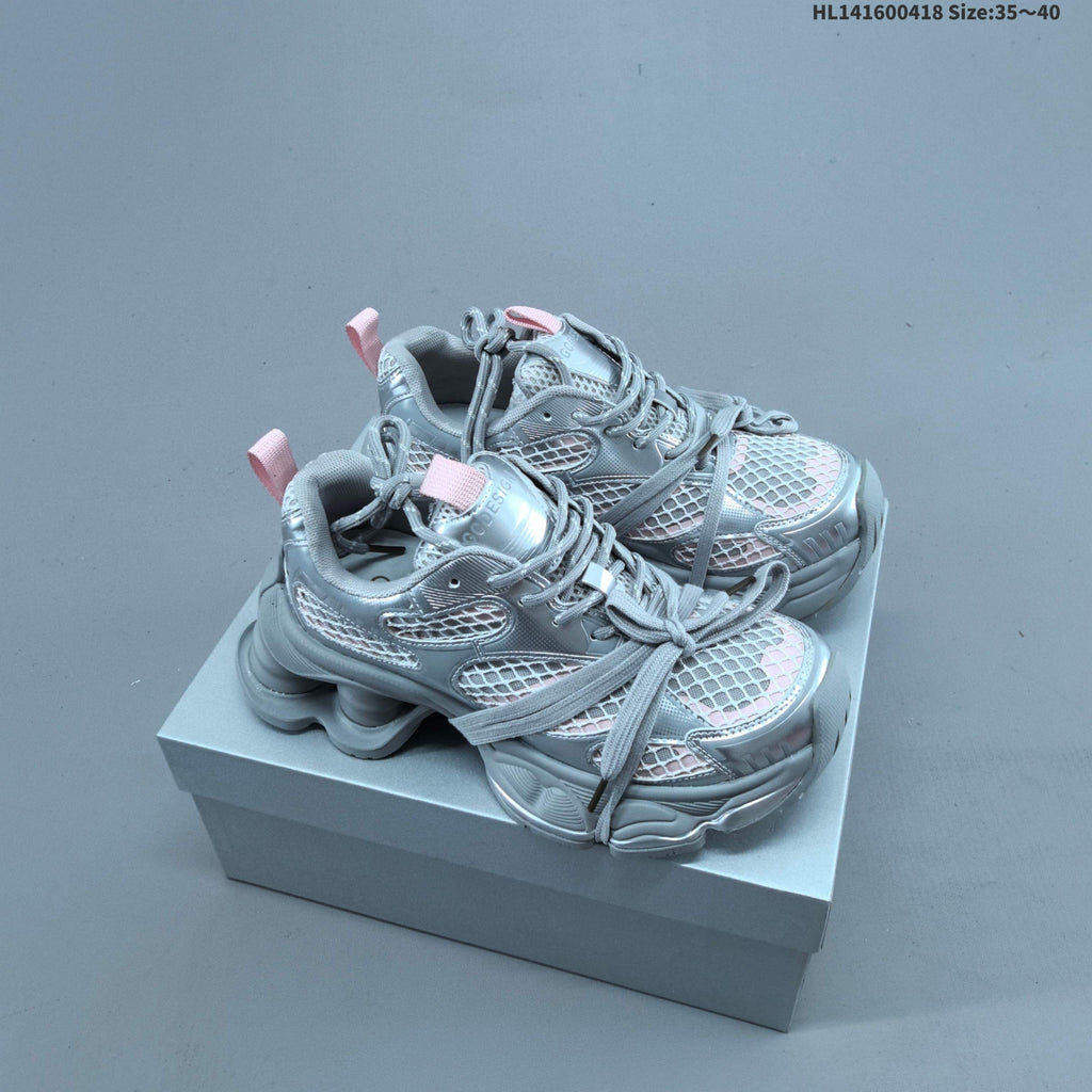 Chunky Platform Sneakers in Silver and White with Mesh Panels