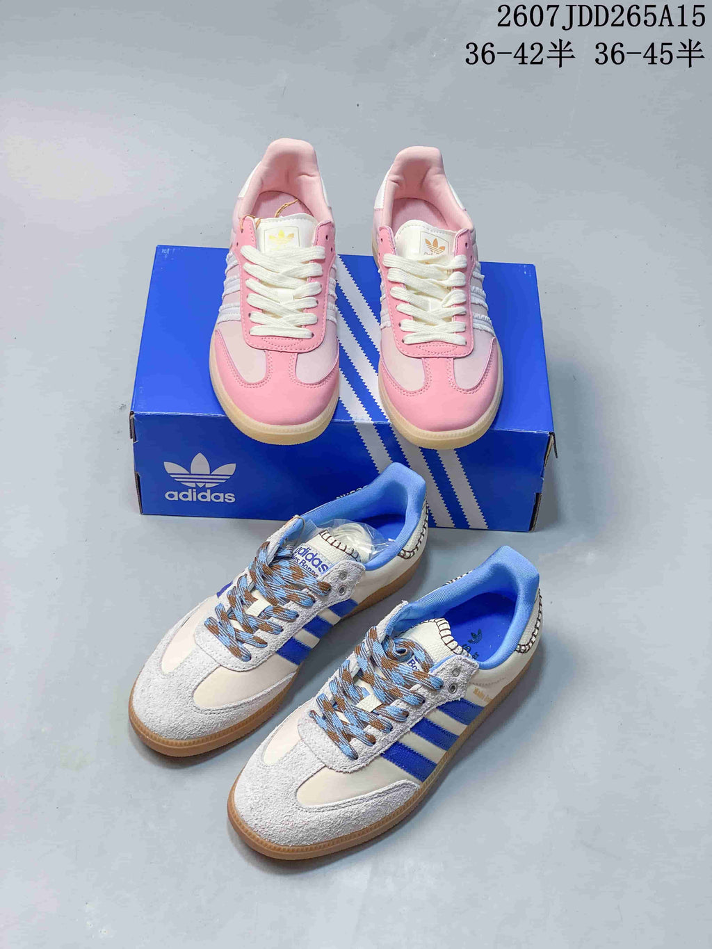 adidas Samba Leather Low-Top Sneakers in White/Blue and Pink