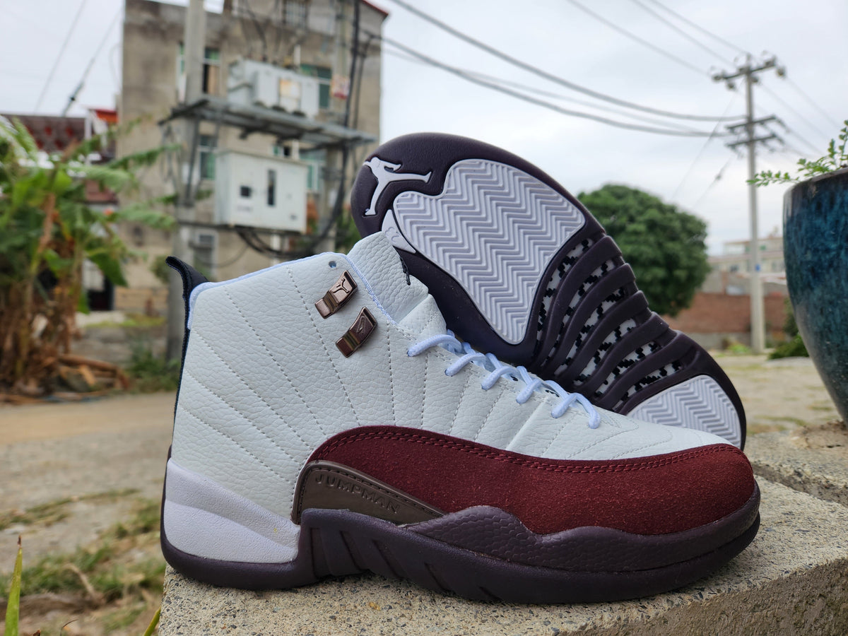 Jordan 12 White and Burgundy High-Top Sneakers