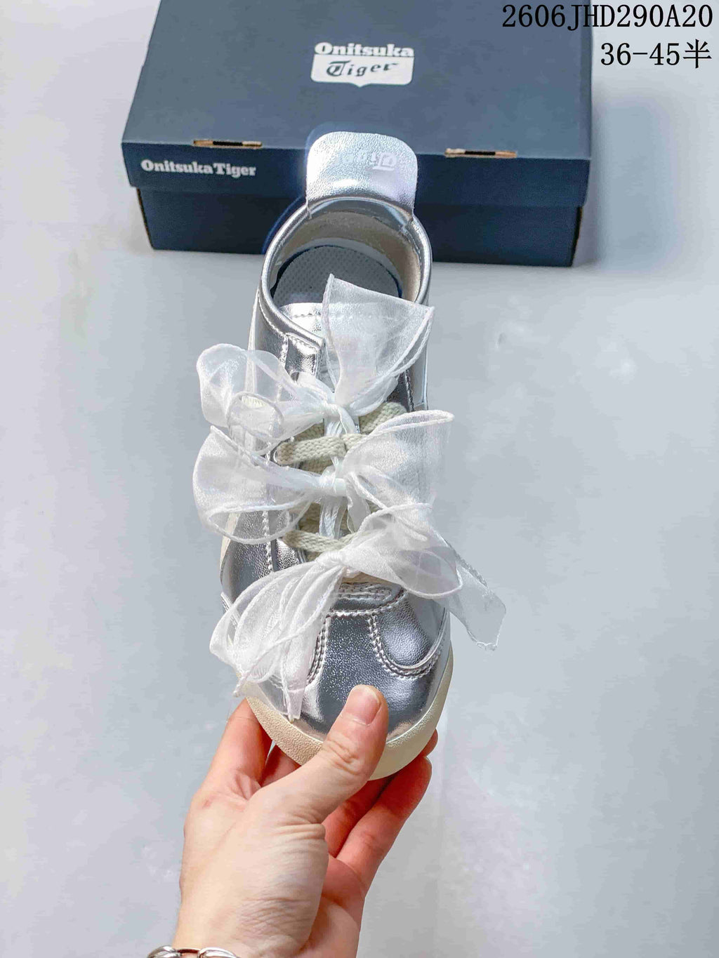 Onitsuka Tiger Silver Sneakers with Sheer Bow Laces
