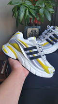 White and Yellow Mesh Sneakers with Black Side Stripes