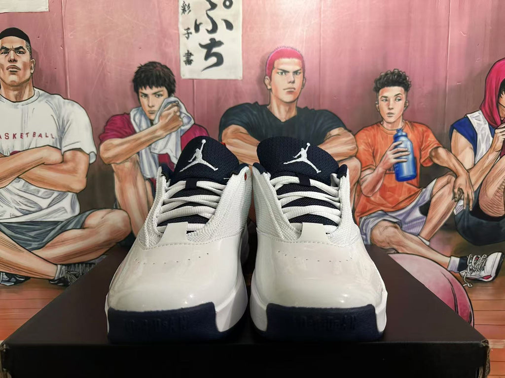 Jordan White and Dark Blue Basketball Sneakers