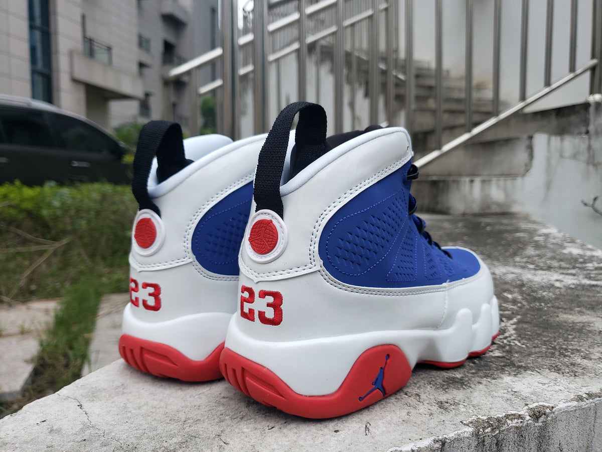 Jordan 9 High-Top Sneakers in Blue, White and Red