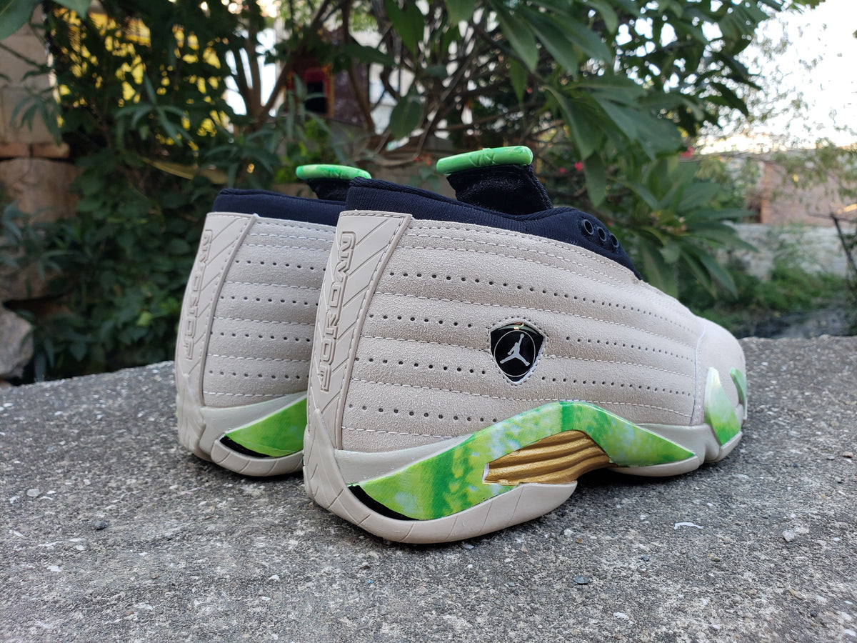 Jordan 14 Mid Sneakers in Gray, Green and Gold