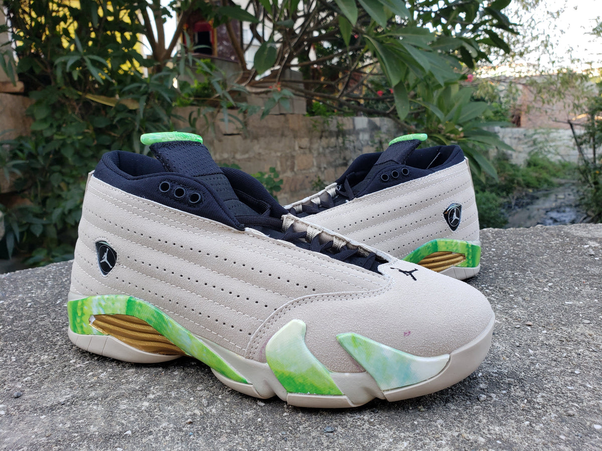 Jordan 14 Mid Sneakers in Gray, Green and Gold