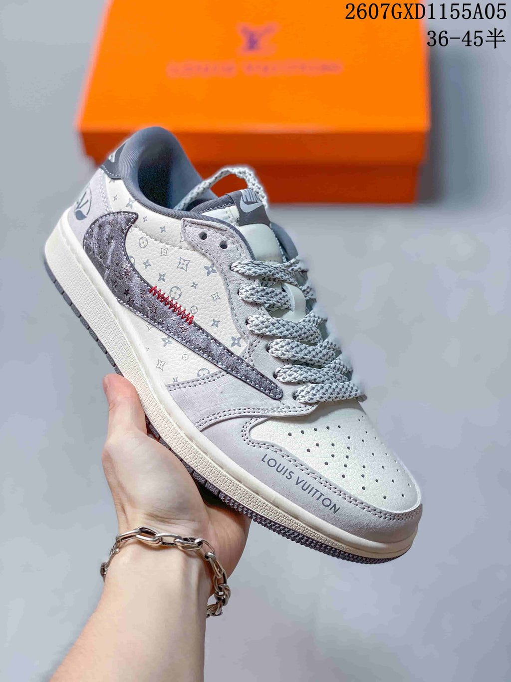 Jordan 1 Low Sneakers in White and Gray with Monogram Print
