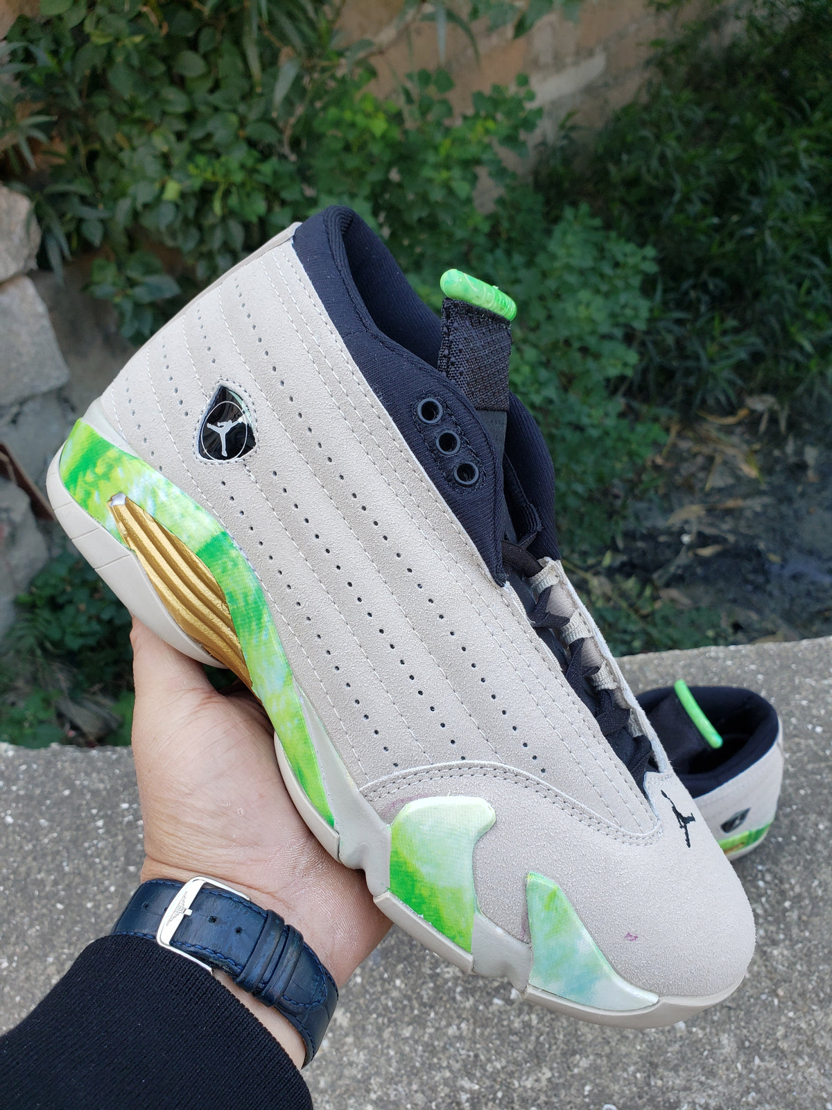 Jordan 14 Mid Sneakers in Gray, Green and Gold