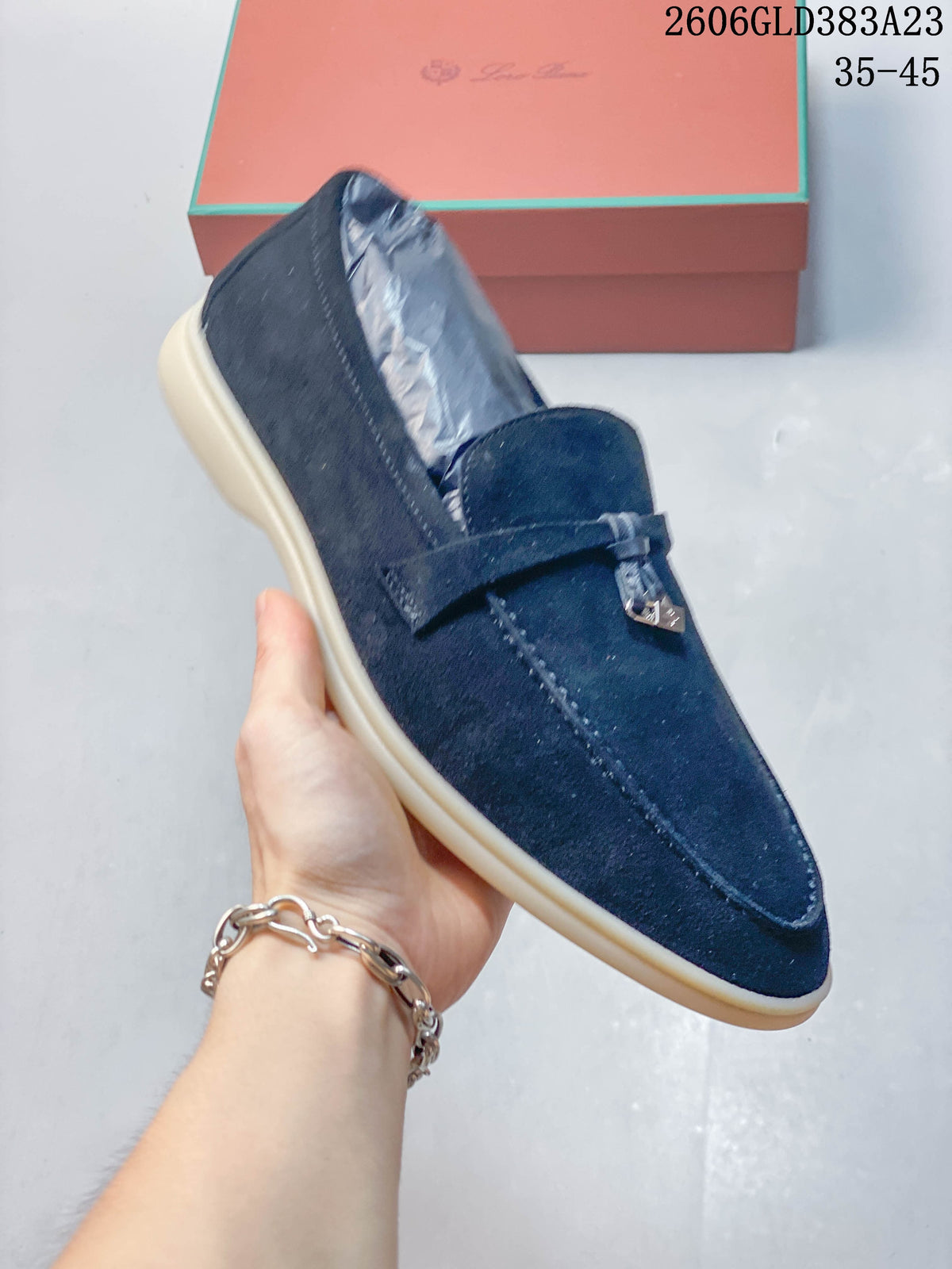 Loro Piana Navy Suede-Style Loafers with Metal Detail