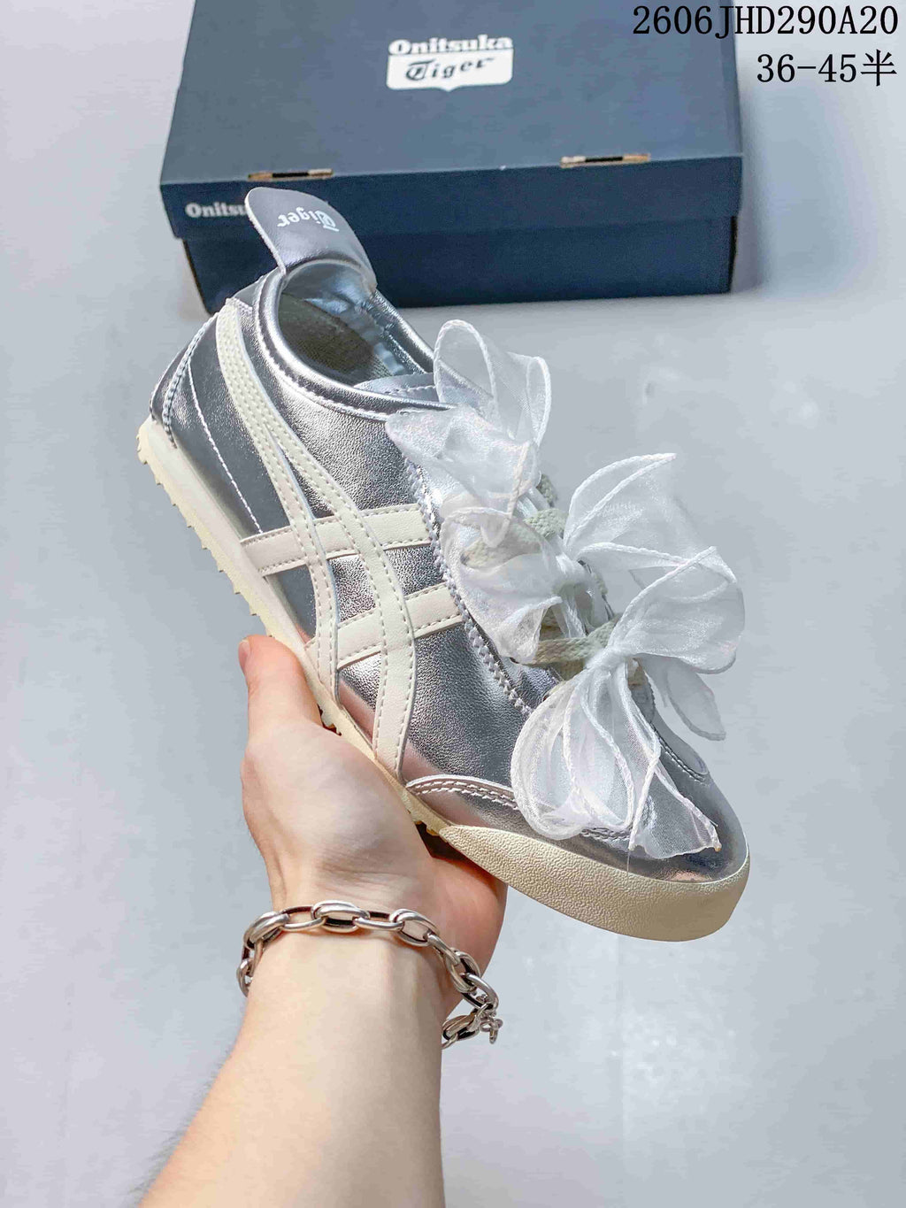 Onitsuka Tiger Silver Sneakers with Sheer Bow Laces