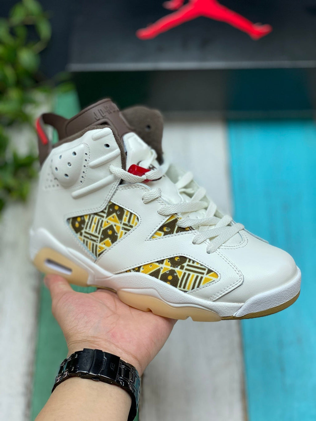 Air Jordan 6 Quai 54 Sneakers in Sail and Brown