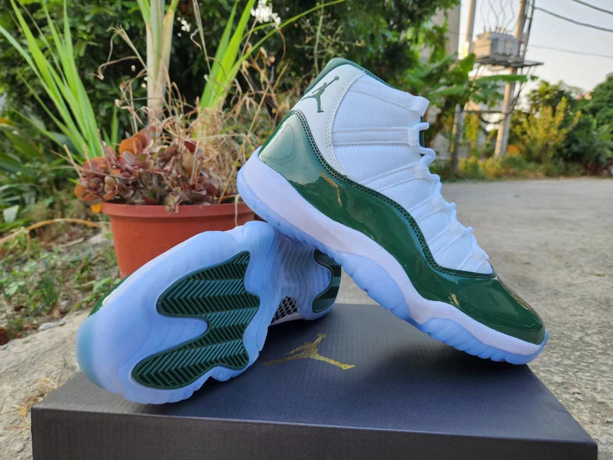 Jordan 11 White and Dark Green High-Top Sneakers