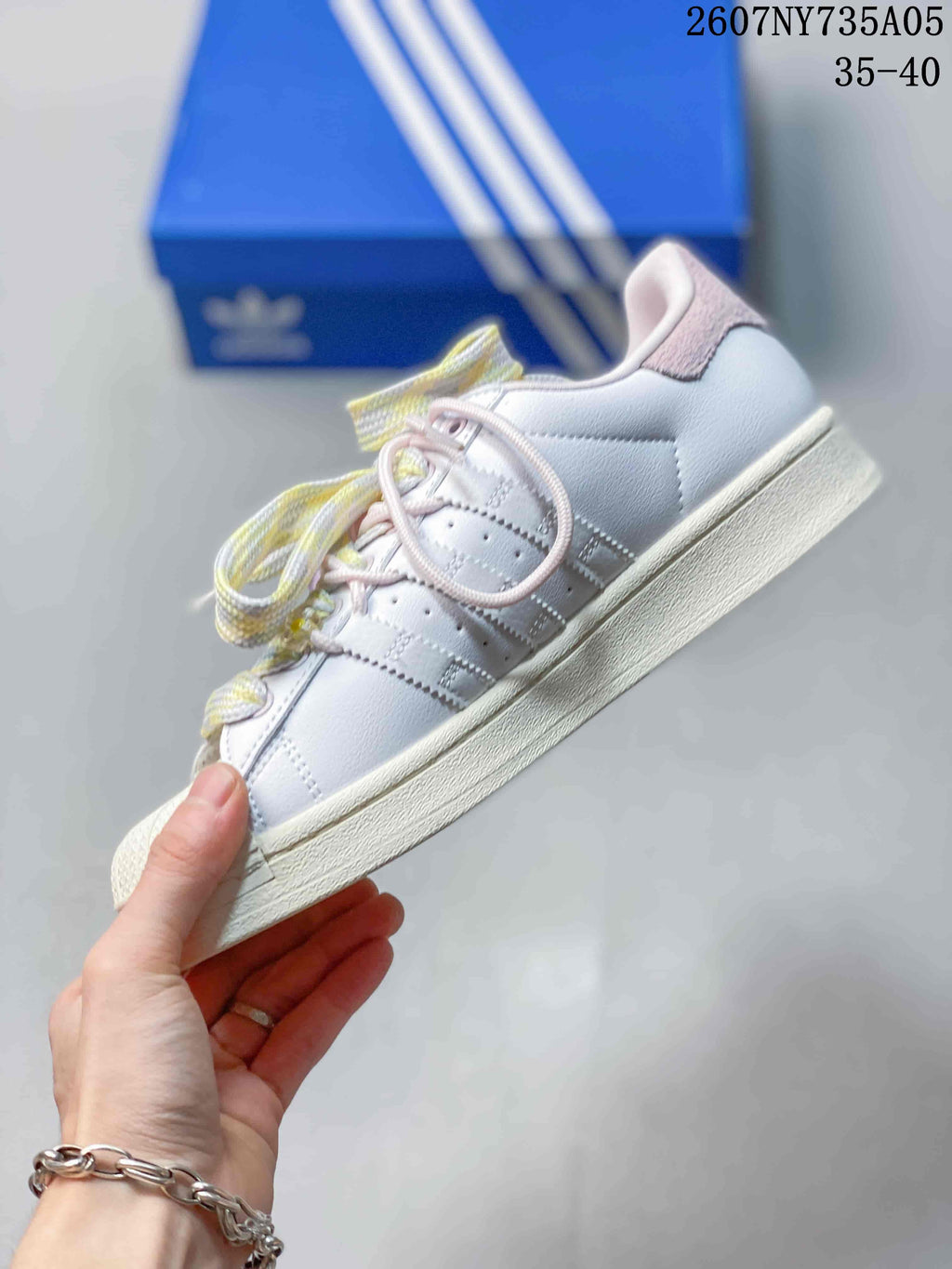 Adidas Superstar Custom White Sneakers with Pastel Laces