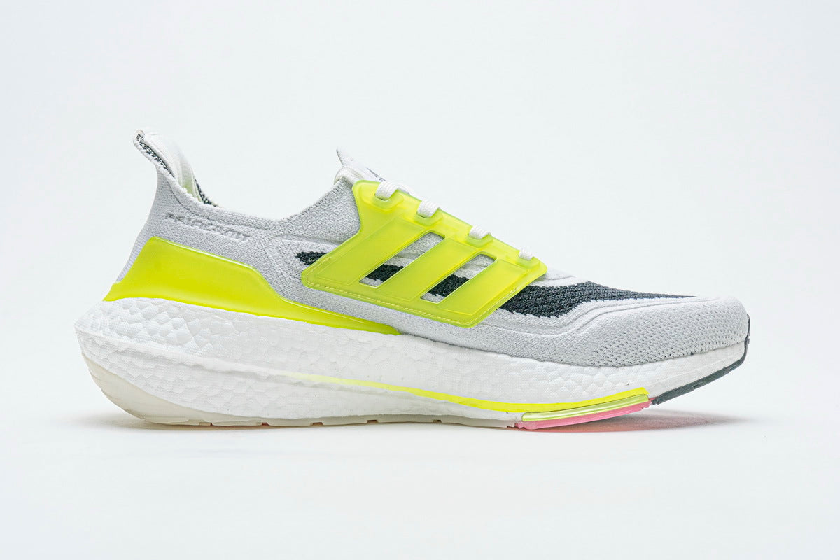 adidas UltraBoost 21 Running Shoes, White and Volt FY1214