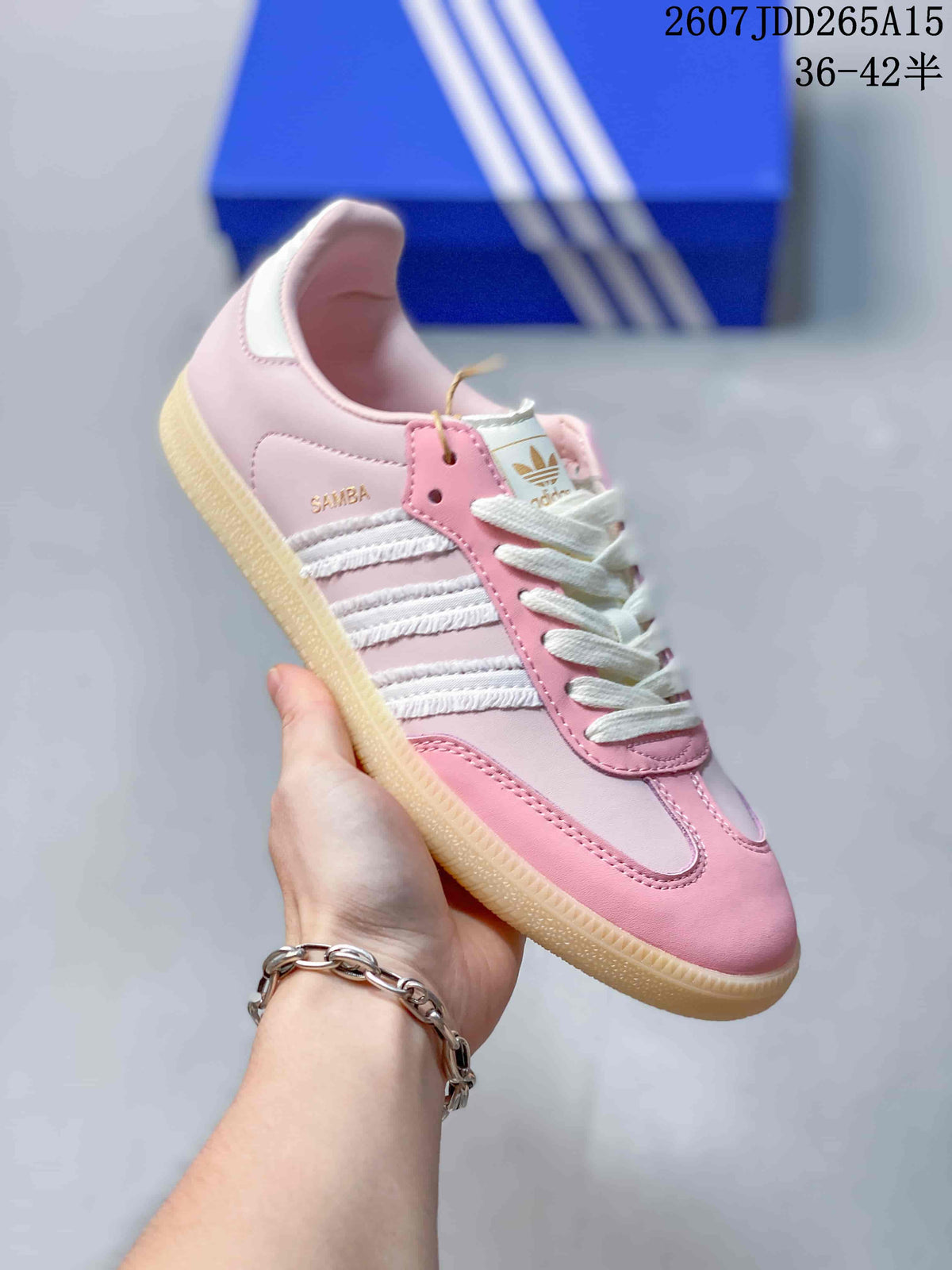 adidas Samba Leather Low-Top Sneakers in White/Blue and Pink