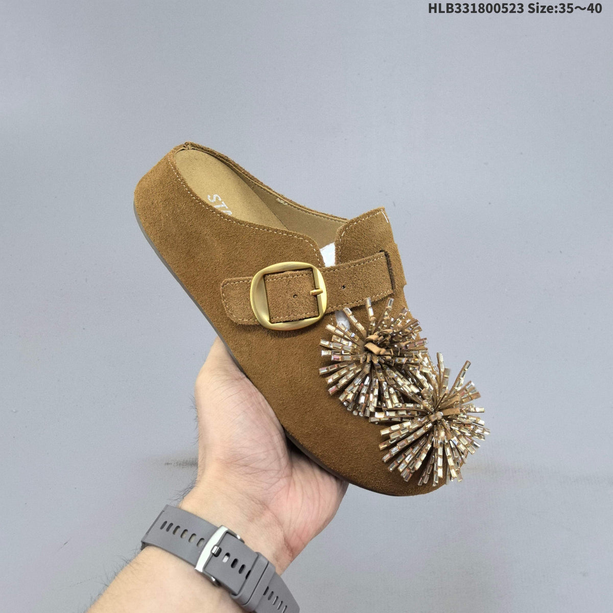 Brown Embellished Backless Slip-On Clogs with Buckle
