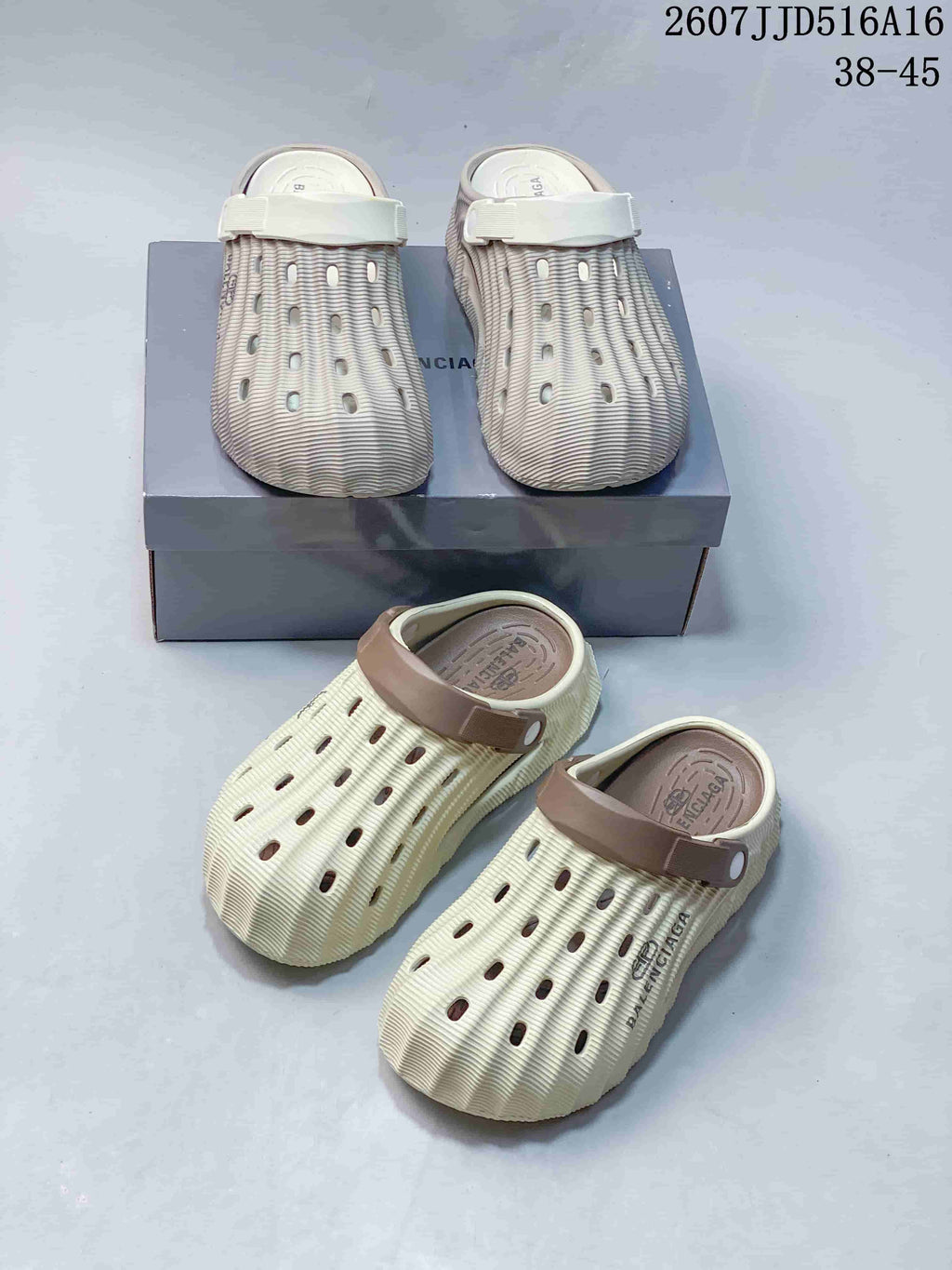 Balenciaga Logo Clog Sandals in Off-White with Brown Strap