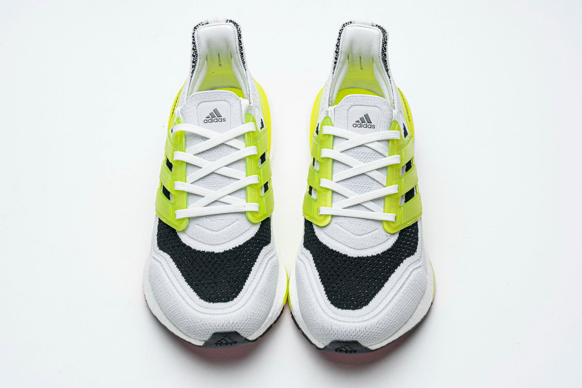 adidas UltraBoost 21 Running Shoes, White and Volt FY1214