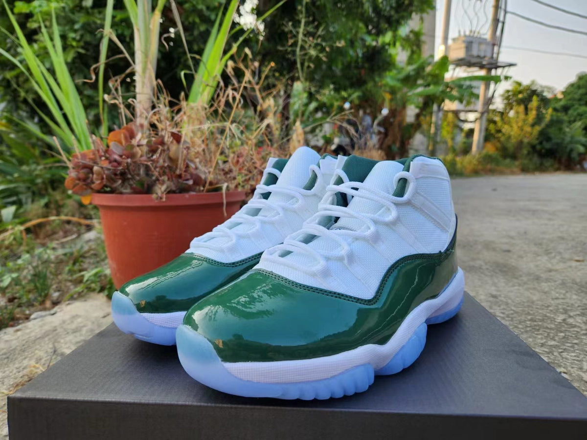 Jordan 11 White and Dark Green High-Top Sneakers