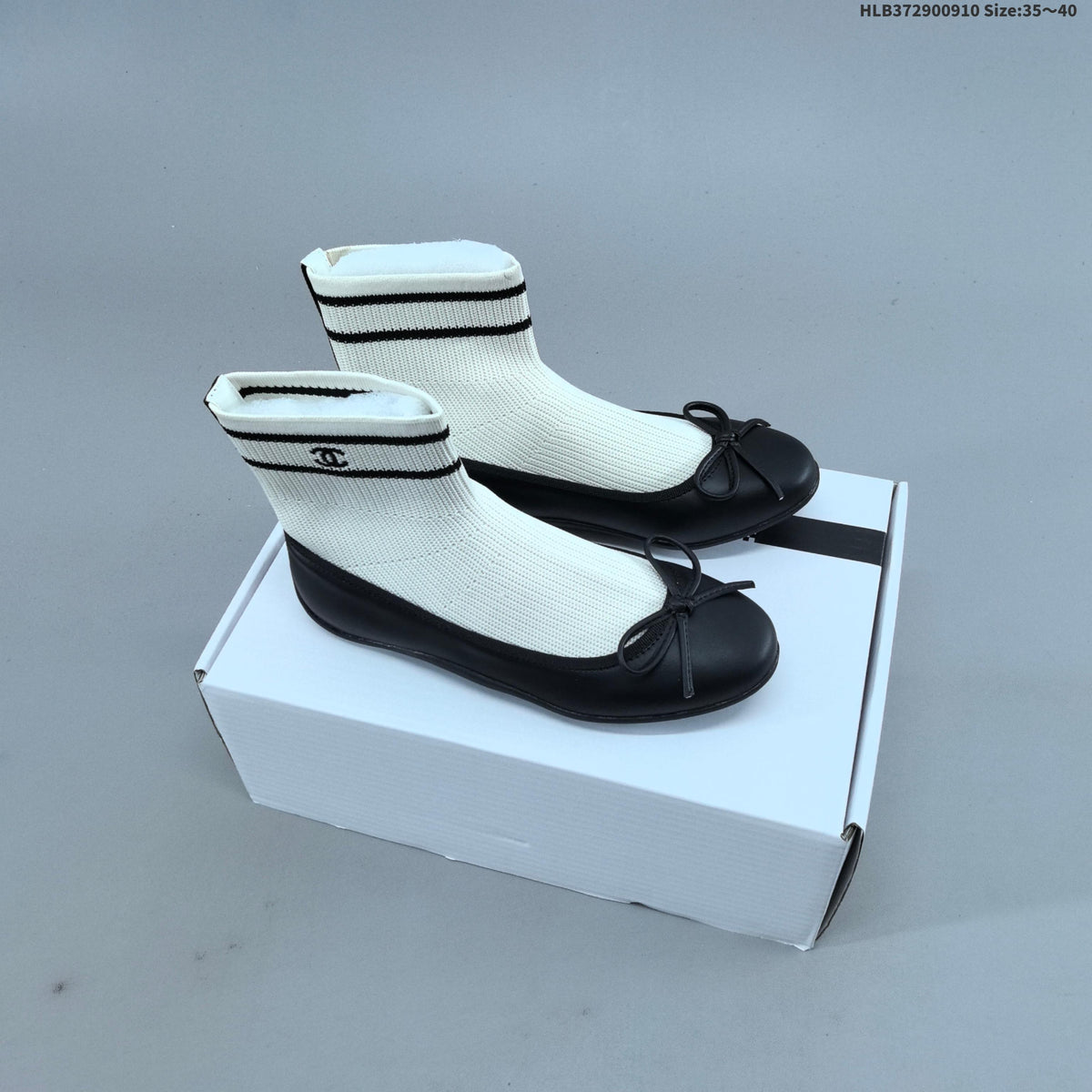Chanel Sock Ballet Flats with Bow, Black and White