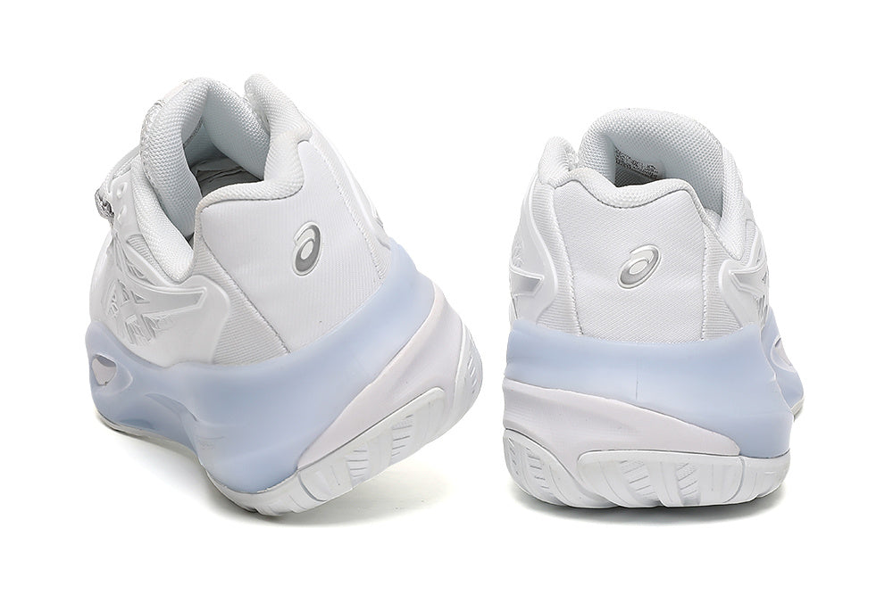 ASICS White and Silver Court Sneakers with Pale Blue Midsole