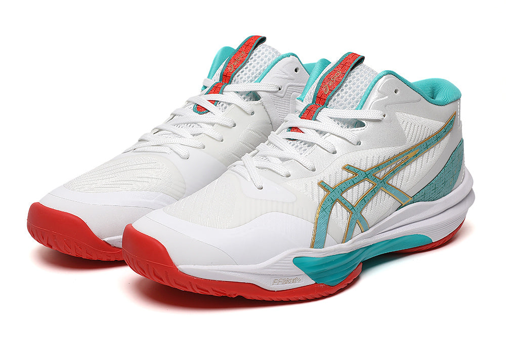 ASICS White and Aqua Indoor Court Sneakers