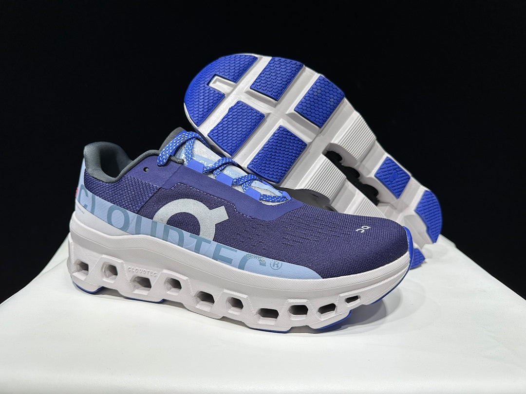 On Cloudmonster Running Shoes, Navy and White