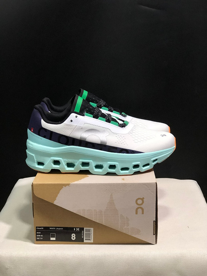 On Cloudmonster Running Shoes in White and Aqua