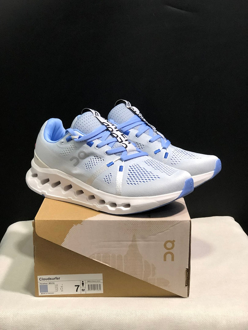 On Cloudsurfer Running Shoes, Heather White and Blue