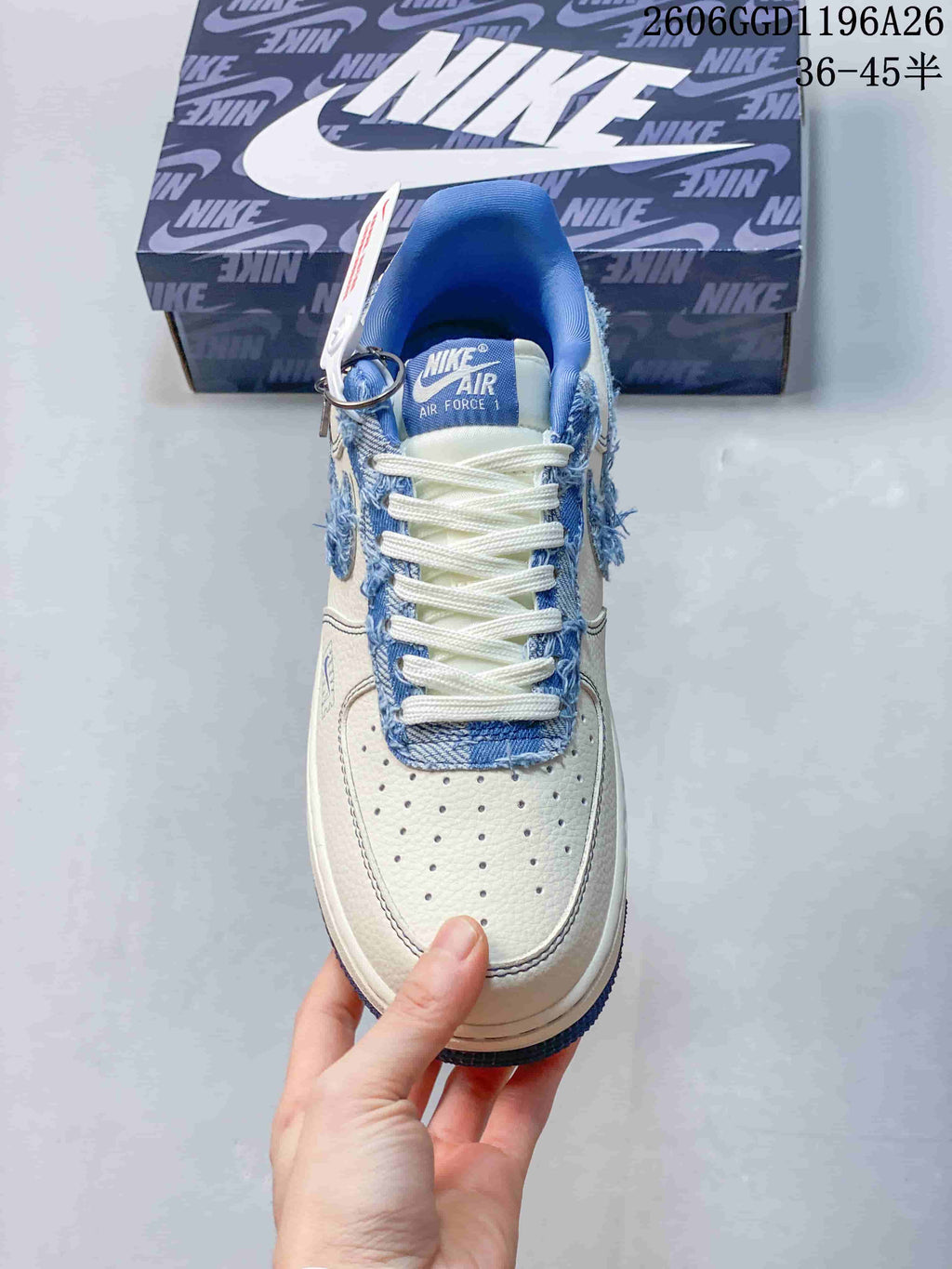 Nike Air Force 1 Low White Blue Frayed Denim Sneakers