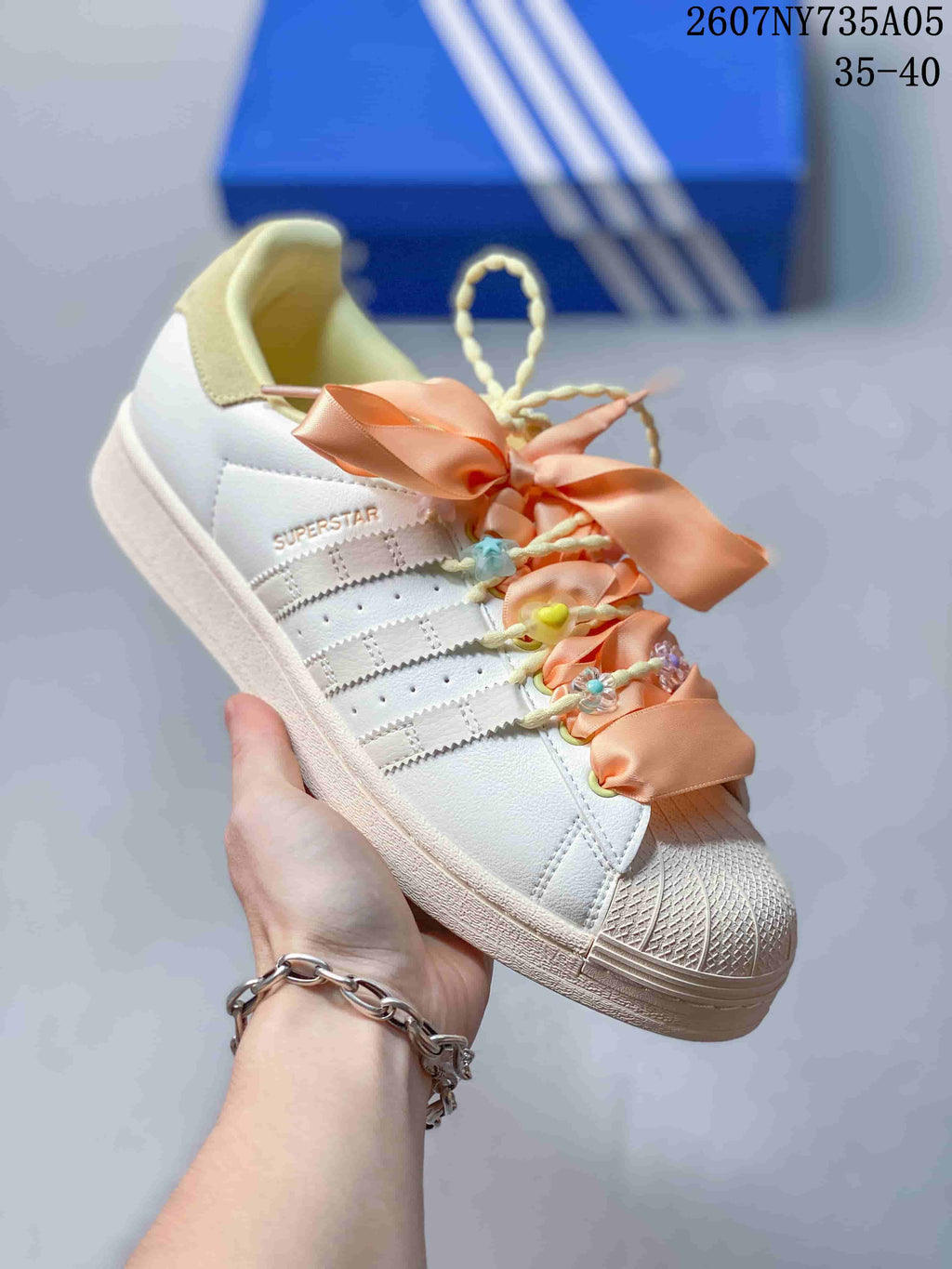 Adidas Superstar White Peach Bow Custom Sneakers 2607NY735A05