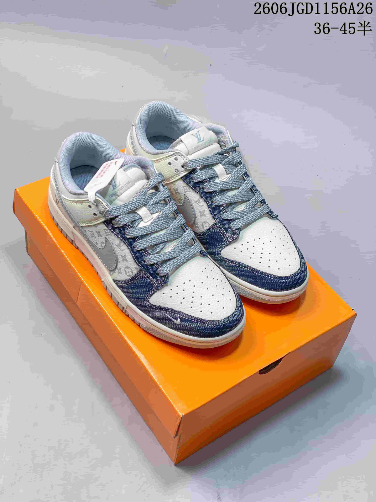 Nike Dunk Low LV-Style Sneakers in White and Denim Blue
